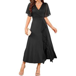 Zaful Womens  Black V Neck Flared Sleeve Split Semi Formal Modest Gowns